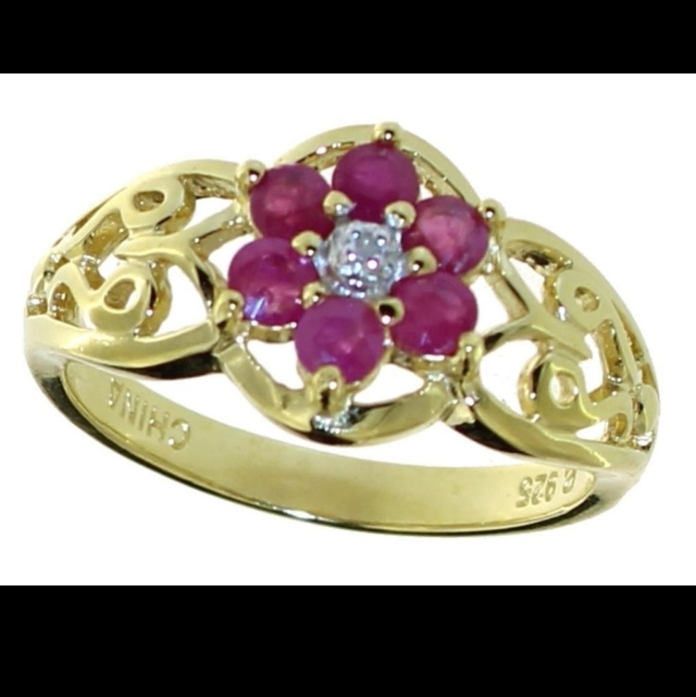 Antique Style Genuine Ruby & Diamond Flower Ring